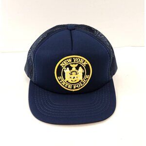 New York State Police Patch Trucker Hat Mesh Vtg 80s Blue Snapback Cap